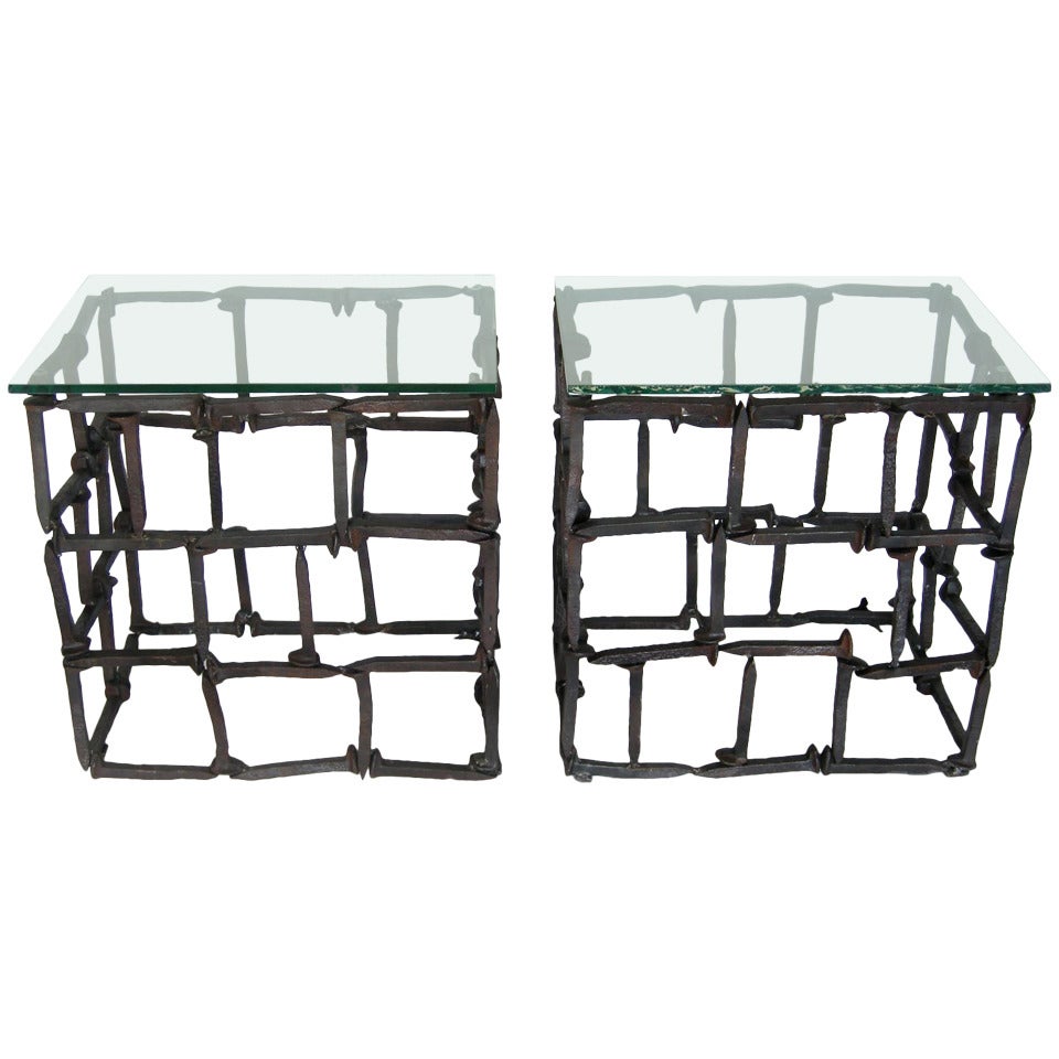 Dos Gallos Custom Rail Road Spike Side Tables with Glass Tops For Sale