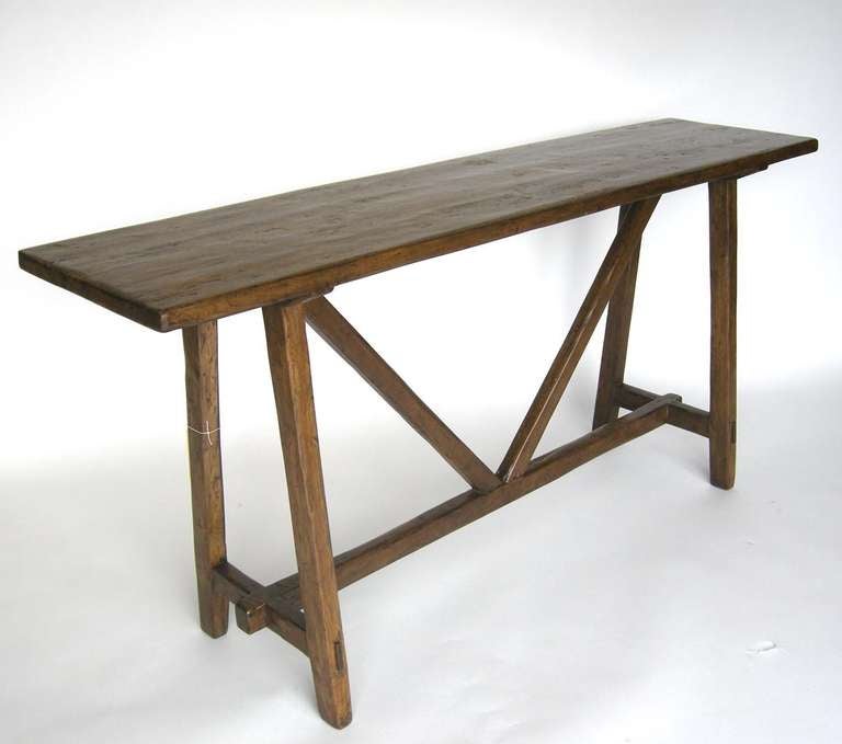 Custom Walnut / Oak Wood Console with Straight Legs by Dos Gallos Studio In Excellent Condition For Sale In Los Angeles, CA