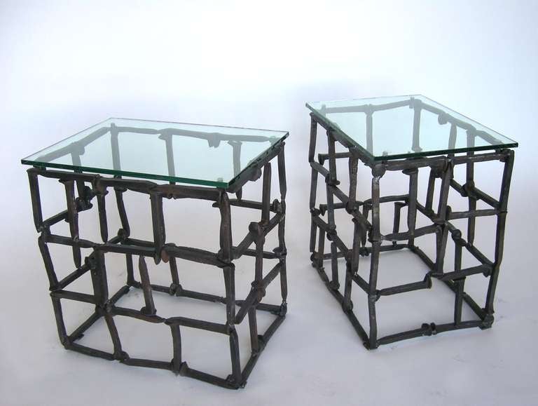 Dos Gallos Custom Rail Road Spike Side Tables with Glass Tops For Sale 2