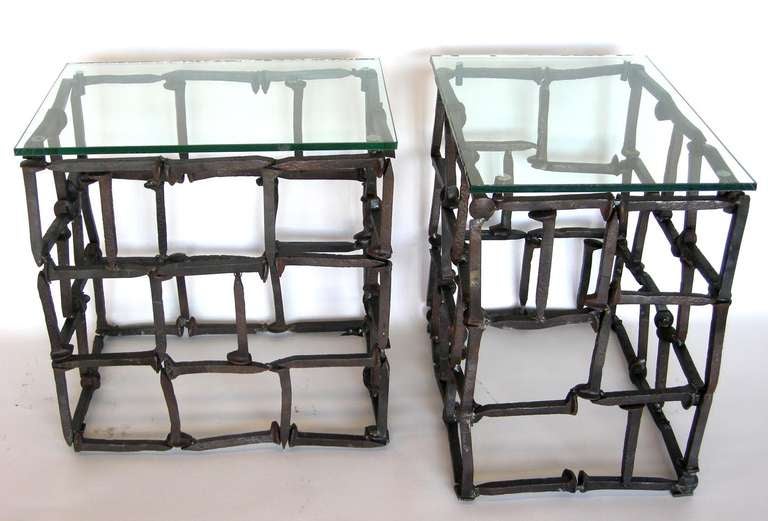 Industrial Dos Gallos Custom Rail Road Spike Side Tables with Glass Tops For Sale