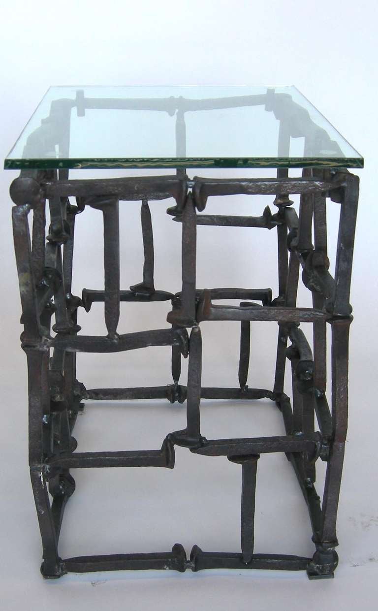 Dos Gallos Custom Rail Road Spike Side Tables with Glass Tops In Good Condition For Sale In Los Angeles, CA