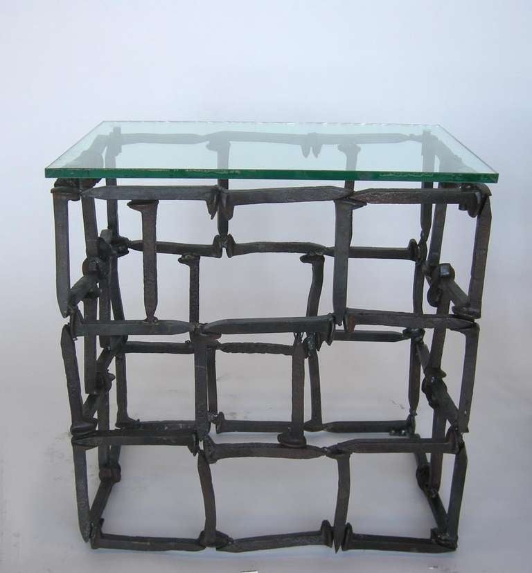 Contemporary Dos Gallos Custom Rail Road Spike Side Tables with Glass Tops For Sale