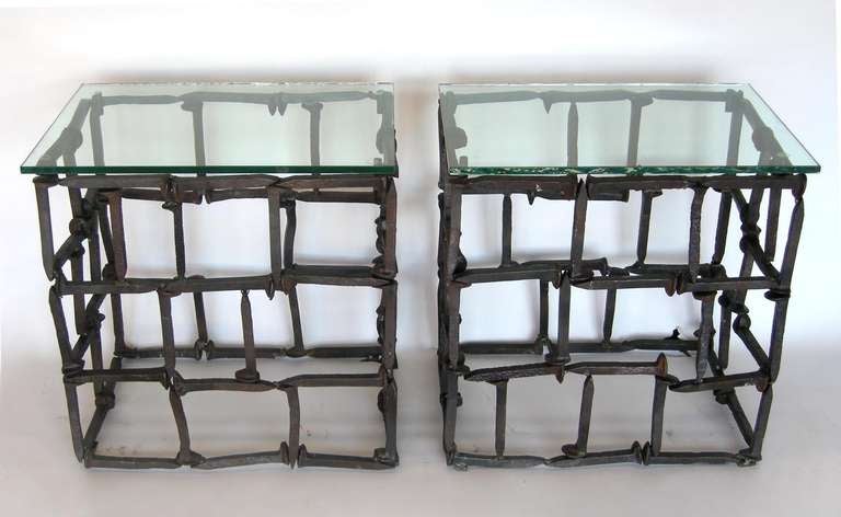 Custom, made to order side tables made from antique rail road spikes. Glass tops are 1/2 inch thick. Can be made in any size. Made in Los Angeles by Dos Gallos Studio. CUSTOM PRICES ARE SUBJECT TO CHANGE DUE TO FLUCTUATING MATERIAL  AND LABOR