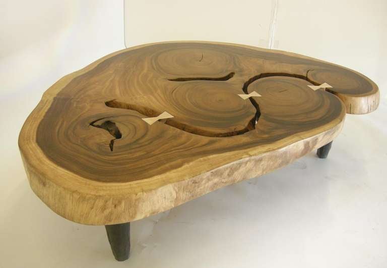 International Style Free Form Bronze and Tropical Hardwood Coffee Table