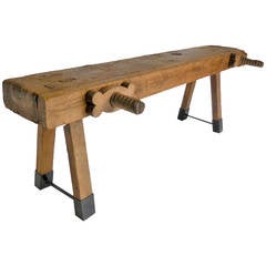 Used 19th Century  Carpenter's Bench with Large Screw Vice with Iron Leg Supports