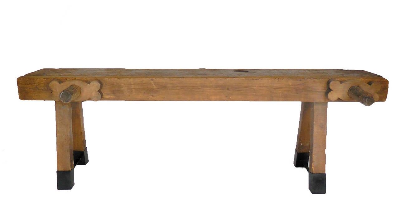 Rustic 19th Century  Carpenter's Bench with Large Screw Vice with Iron Leg Supports