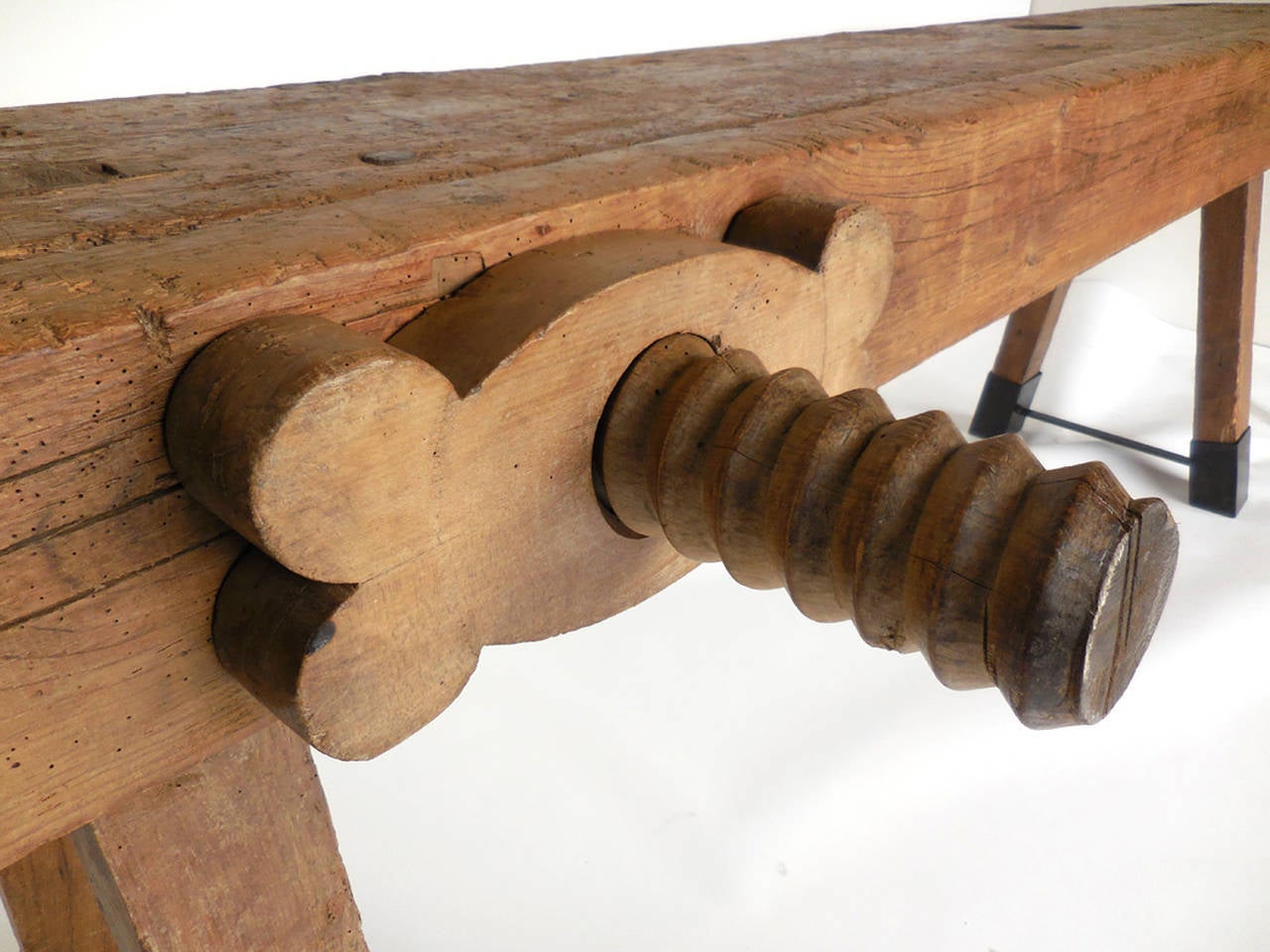 Cypress 19th Century  Carpenter's Bench with Large Screw Vice with Iron Leg Supports
