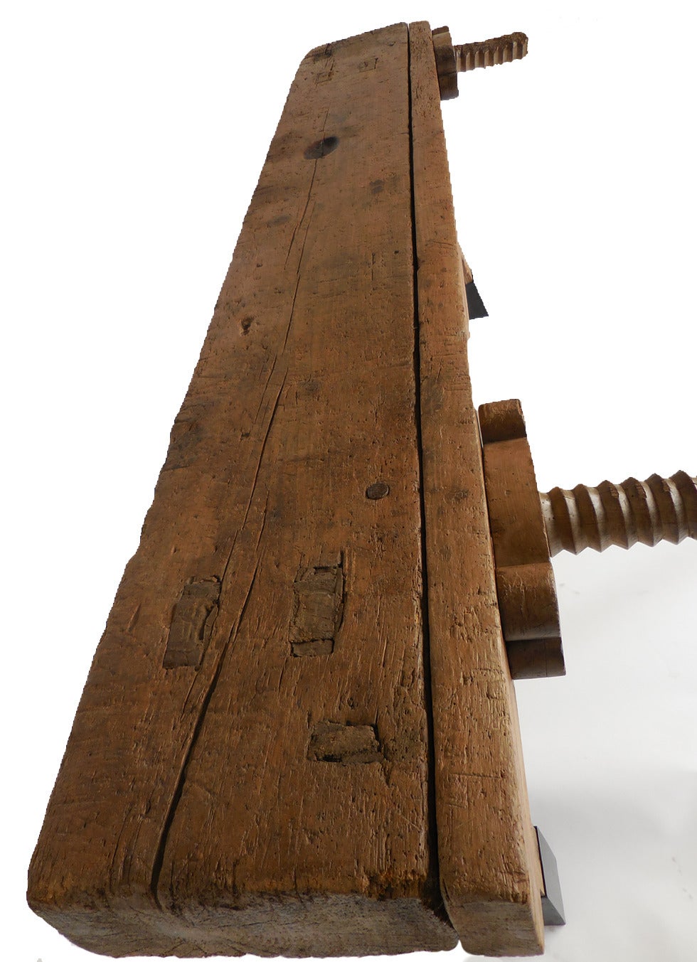 19th Century  Carpenter's Bench with Large Screw Vice with Iron Leg Supports 2