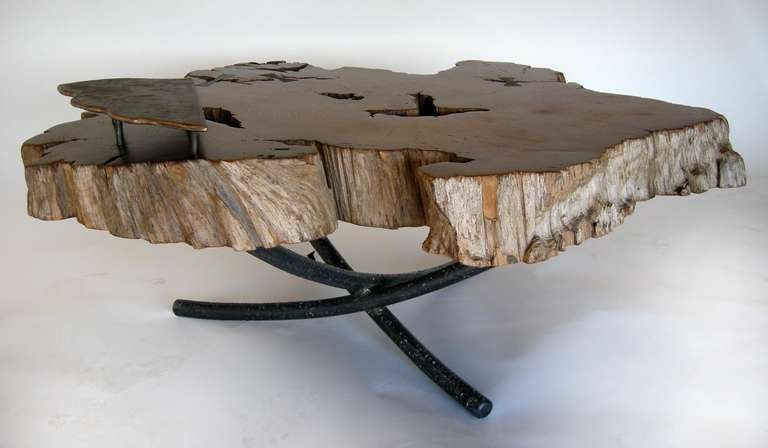 International Style Freeform Teak Coffee Table with Hand Forged Iron Tripod Base and Table Top Tray