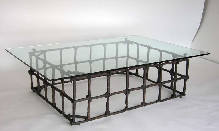 Brutalist Custom Rail Road Spike Coffee Table with Glass Top by Dos Gallos Studio For Sale