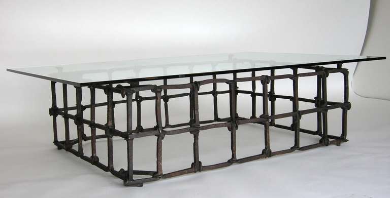 Custom Rail Road Spike Coffee Table with Glass Top by Dos Gallos Studio In Good Condition For Sale In Los Angeles, CA