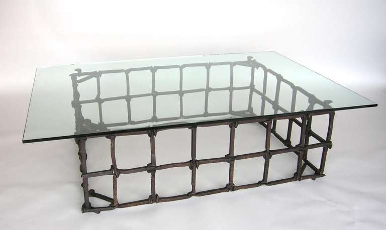 Custom Rail Road Spike Coffee Table with Glass Top by Dos Gallos Studio For Sale 1