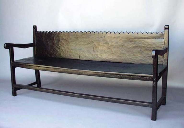 Custom walnut Chajul bench with scalloped back in dark finish. Can be made in a variety of woods and finishes in any size. Made in Los Angeles by Dos Gallos Studio.
  