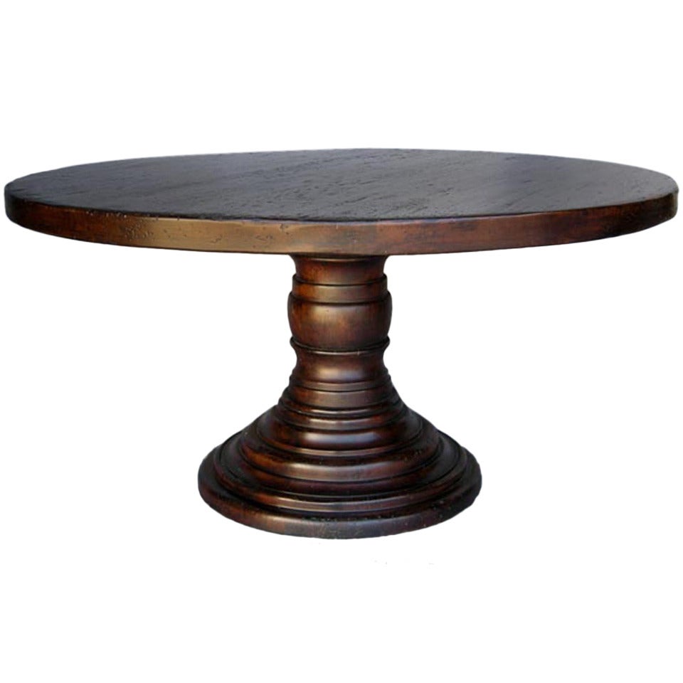 Custom Mahogany Wood Round Beehive Pedestal Table by Dos Gallos Studio