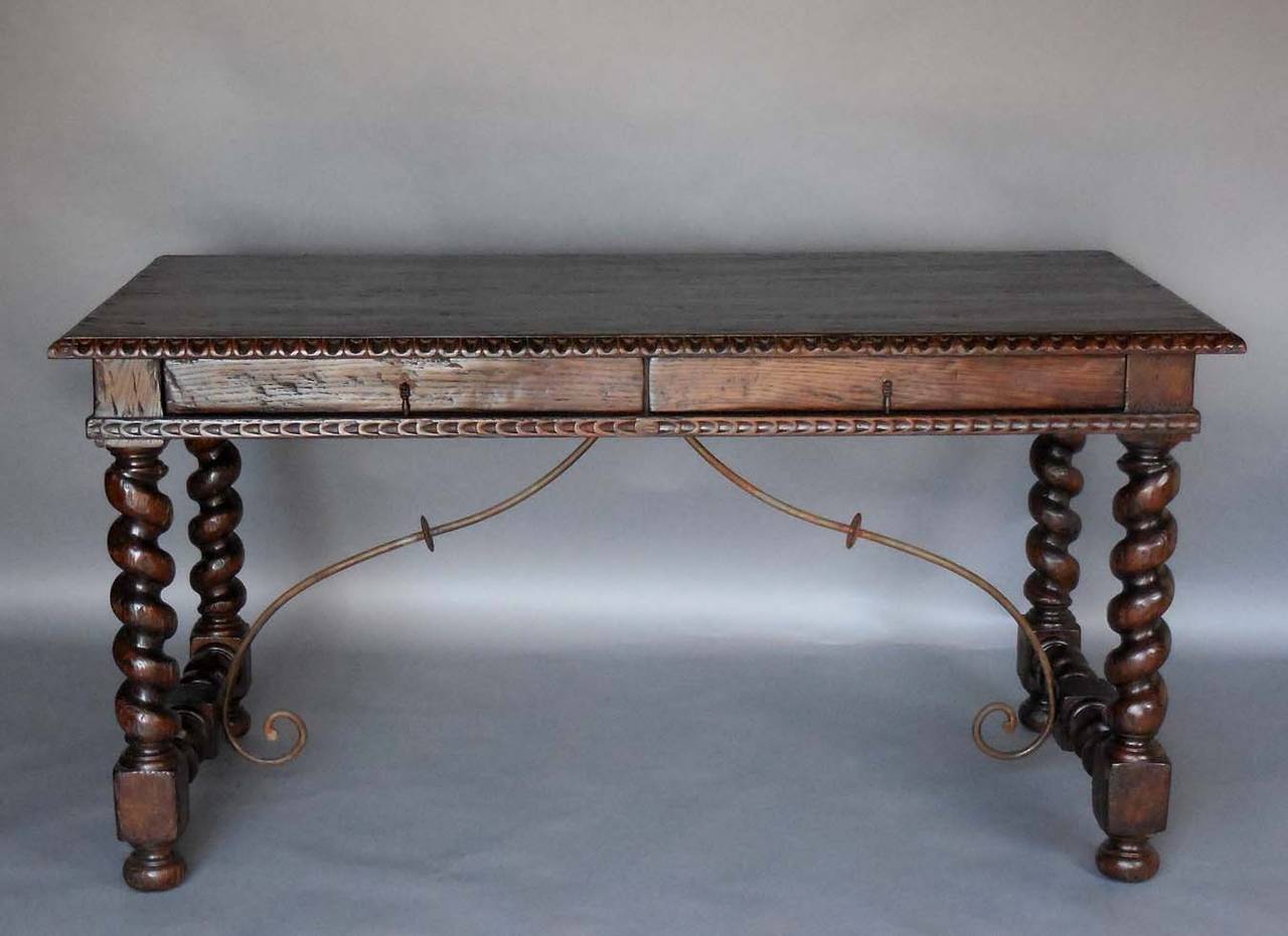 Spanish Colonial Dos Gallos Custom Writing Desk with Spiral Legs, Drawers and Iron Supports For Sale