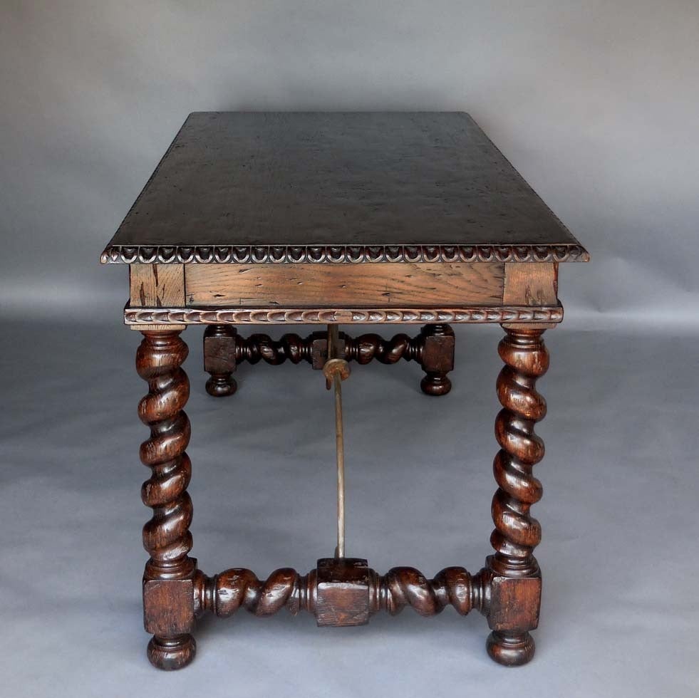 Hand-Carved Dos Gallos Custom Writing Desk with Spiral Legs, Drawers and Iron Supports For Sale