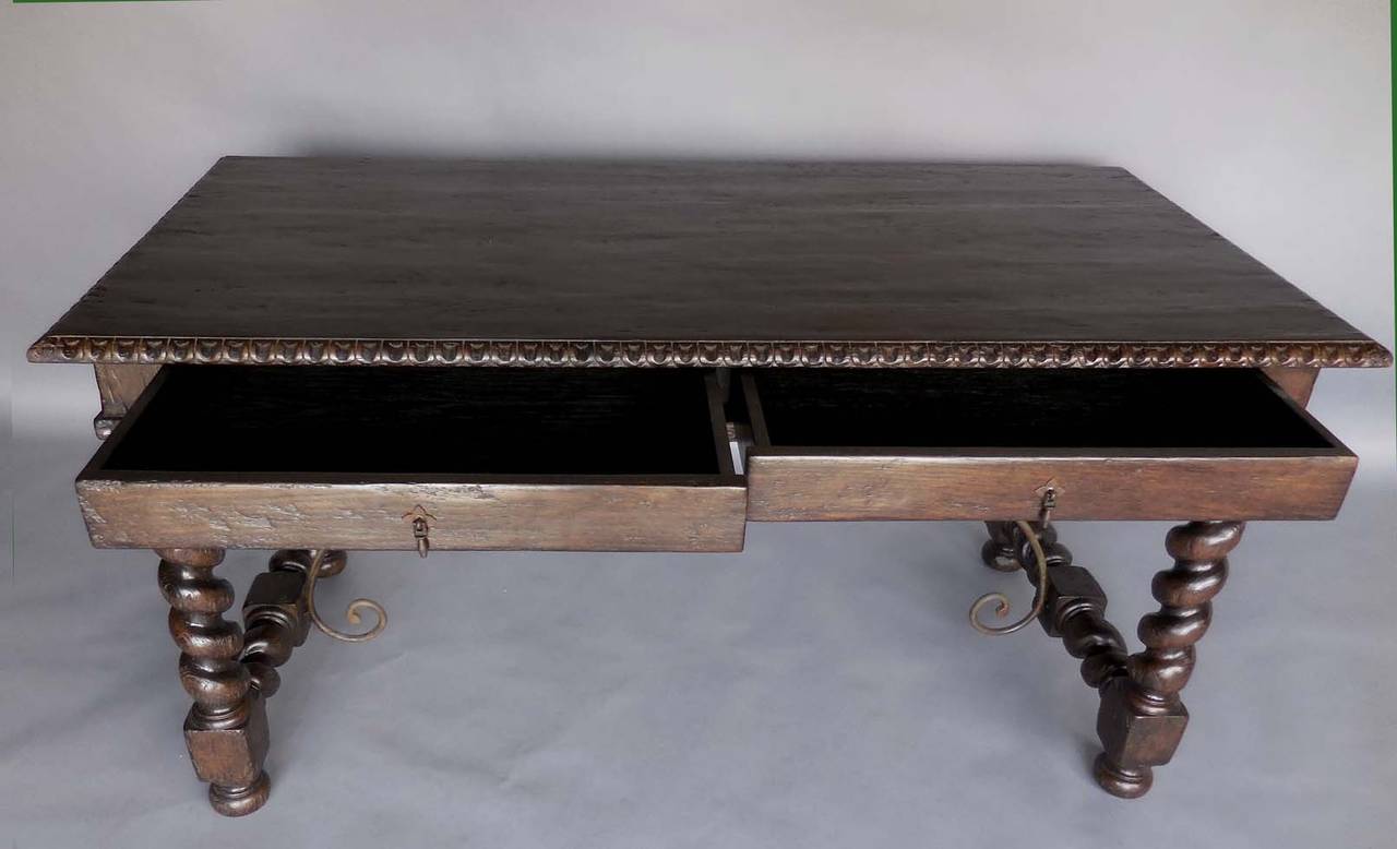 Dos Gallos Custom Writing Desk with Spiral Legs, Drawers and Iron Supports In Excellent Condition For Sale In Los Angeles, CA