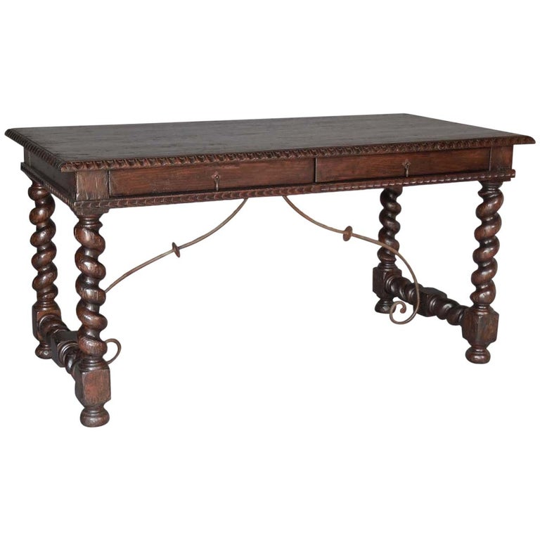 Dos Gallos Custom Writing Desk with Spiral Legs, Drawers and Iron Supports For Sale