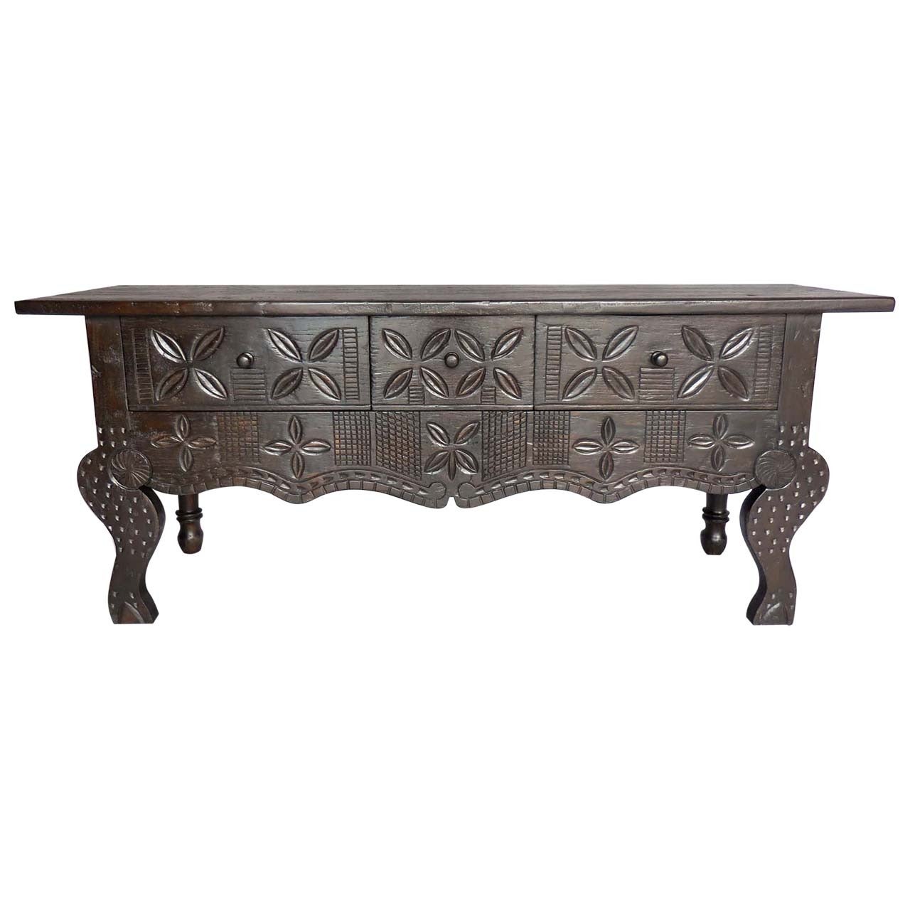 Dos Gallos Custom Hand-Carved Oak Wood Console with Stylized Animal Legs For Sale