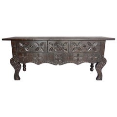 Dos Gallos Custom Hand-Carved Oak Wood Console with Stylized Animal Legs