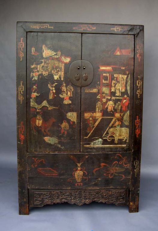 All original Chinese 1820's - Ching Dynasty - armoire with painted scenes of daily life. Painted on canvas and gesso with all natural pigments from ground rock