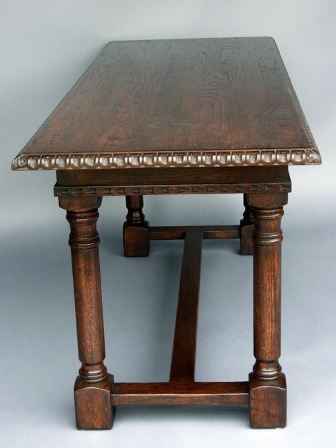 Custom-made refectory table with carved detailing on edge and apron. Can be made in any size, finish and distress in walnut, oak or mahogany. Shown here in medium oak with a medium distress. Made in Los Angeles by Dos Gallos Studio.
CUSTOM PRICES