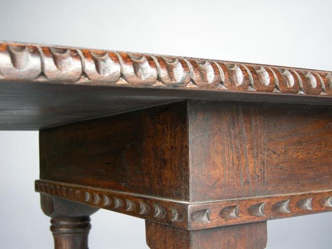 Spanish Colonial Custom Oak Wood Refectory Console with Carved Edge and Apron by Dos Gallos  For Sale