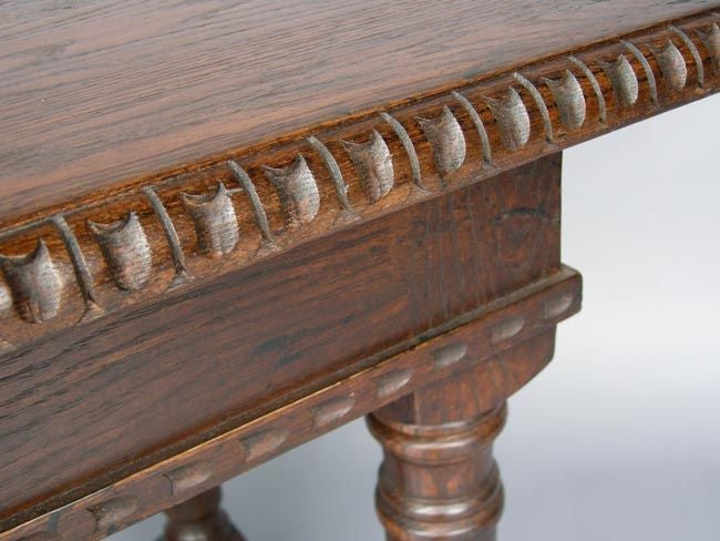 American Custom Oak Wood Refectory Console with Carved Edge and Apron by Dos Gallos  For Sale