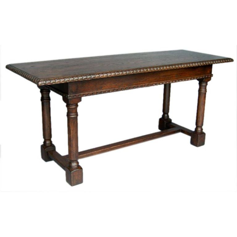 Custom Oak Wood Refectory Console with Carved Edge and Apron by Dos Gallos  For Sale