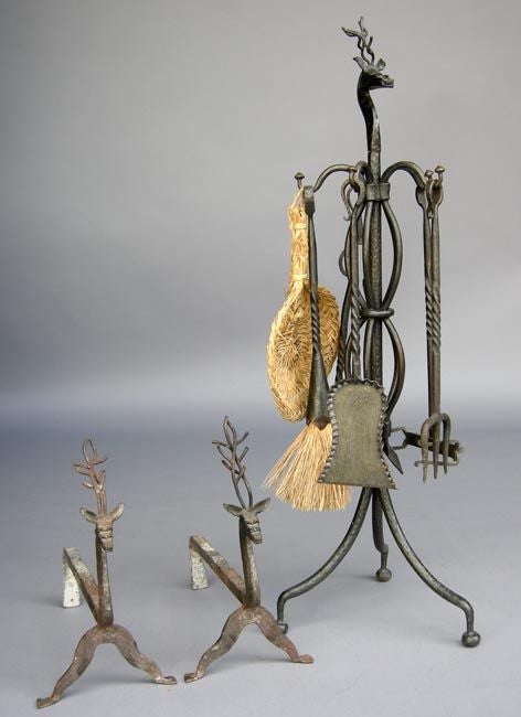 Antique Deer Andirons and Fireplace Tools