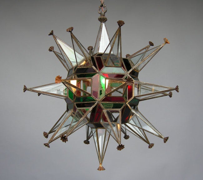 Mid 19th c. tin plated star lantern with 26 colored glass panels - Spain