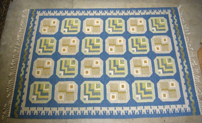 Sigurd Nilsson wool carpet, hand woven in geometric designs. Pair available, however sold and priced individually. Woven signature in corner of each rug. SOLD AS A PAIR