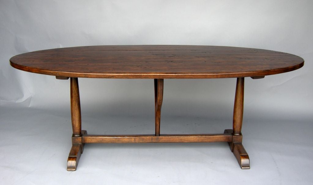French Provincial Custom Walnut Wood Oval Table with Wishbone Stretcher by Dos Gallos Studio For Sale