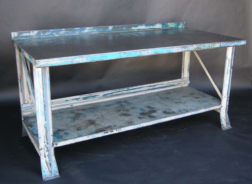 Wonderful vintage blue steel work bench/table with great patina