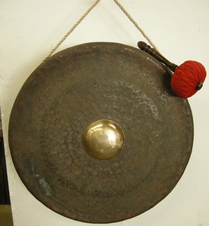Large temple gong from Northern Japan. Hammered brass with an antique hand forged chain. Striker. Wonderful sound!!