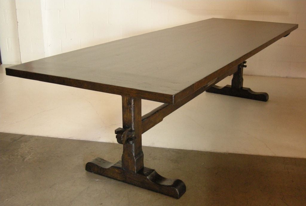 Contemporary Custom Walnut Classic Trestle Table with Low Profile Trestle Bases by Dos Gallos For Sale