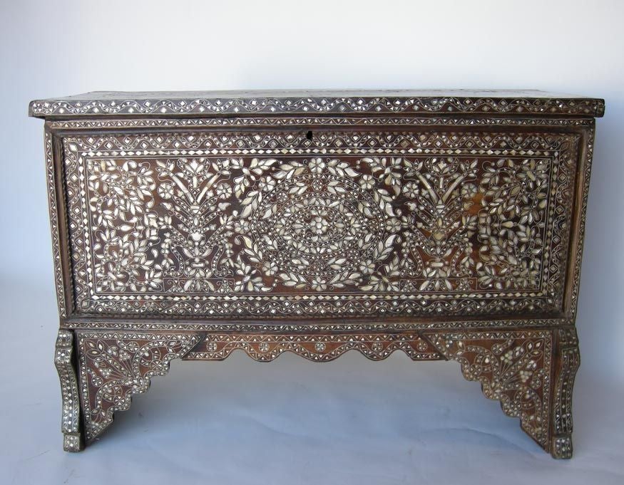 Large scale oak dowry chest inlaid with mother of pearl. All sides, top and bottom are each one solid wide board. Amazingly beautiful condition with all the inlay intact. Inside is one large space with one small compartment. Dovetailed