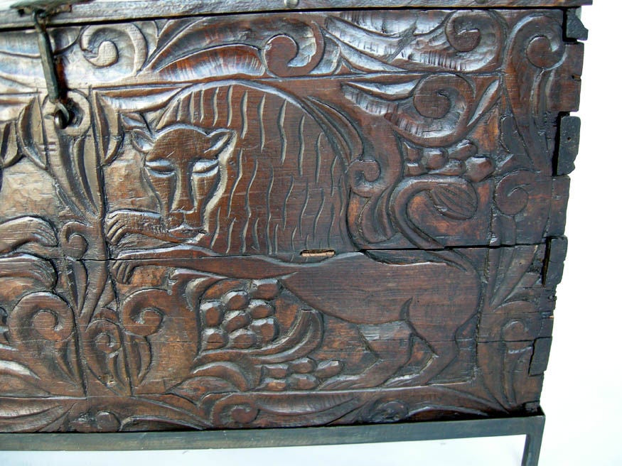 Iron 19th Century Carved Grain Chest