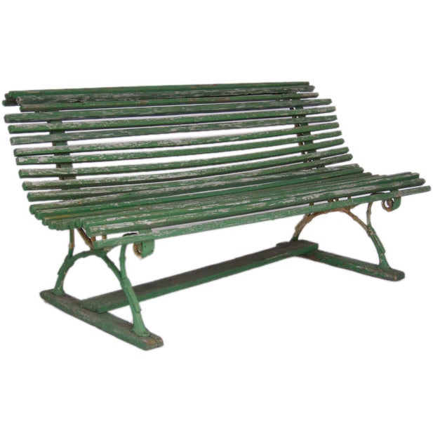 19th Century Swedish Green Slatted Garden Bench