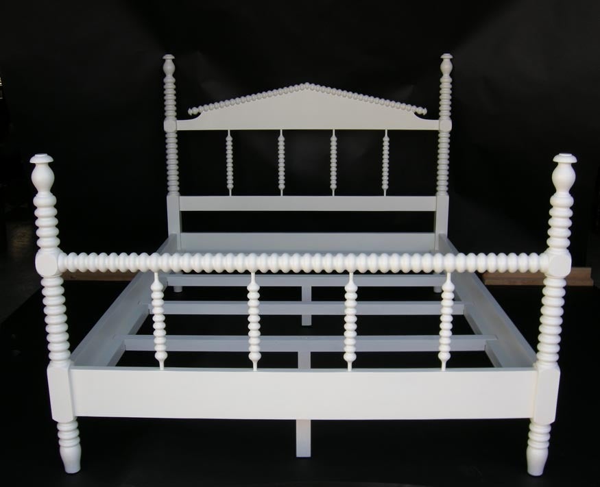 Custom Bobbin spindle bed, queen-size with white painted finish. Custom finish. Can be made in any size with some design variations, in wooden or painted finishes. Made by Dos Gallos Studio in Los Angeles. CUSTOM PRICES ARE SUBJECT TO CHANGE DUE TO