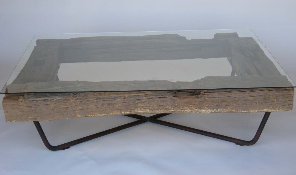 rustic wood and glass coffee table