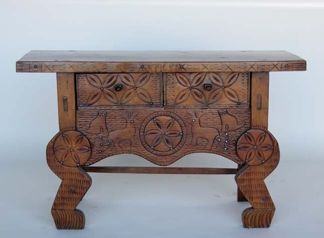 Charming 1968 Nahuala( animal spirit) table.  Note the folksy ball and claw feet and lion legs. Rustic carving of sun, flowers and animals.