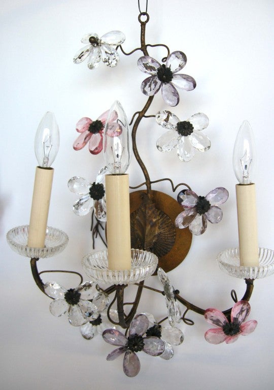 Pair of 1930' French sconces with Czech glass drop flowers. Flowers are in beautiful shades of in amethyst, pink and clear. They are whimsical and pretty!