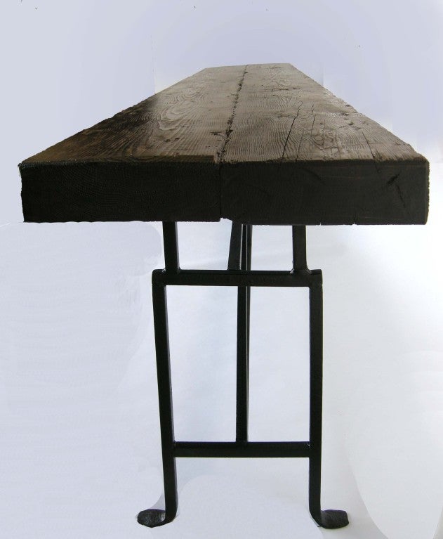 Organic Modern Dos Gallos Custom Wood Console with Hand Forged Iron Base For Sale