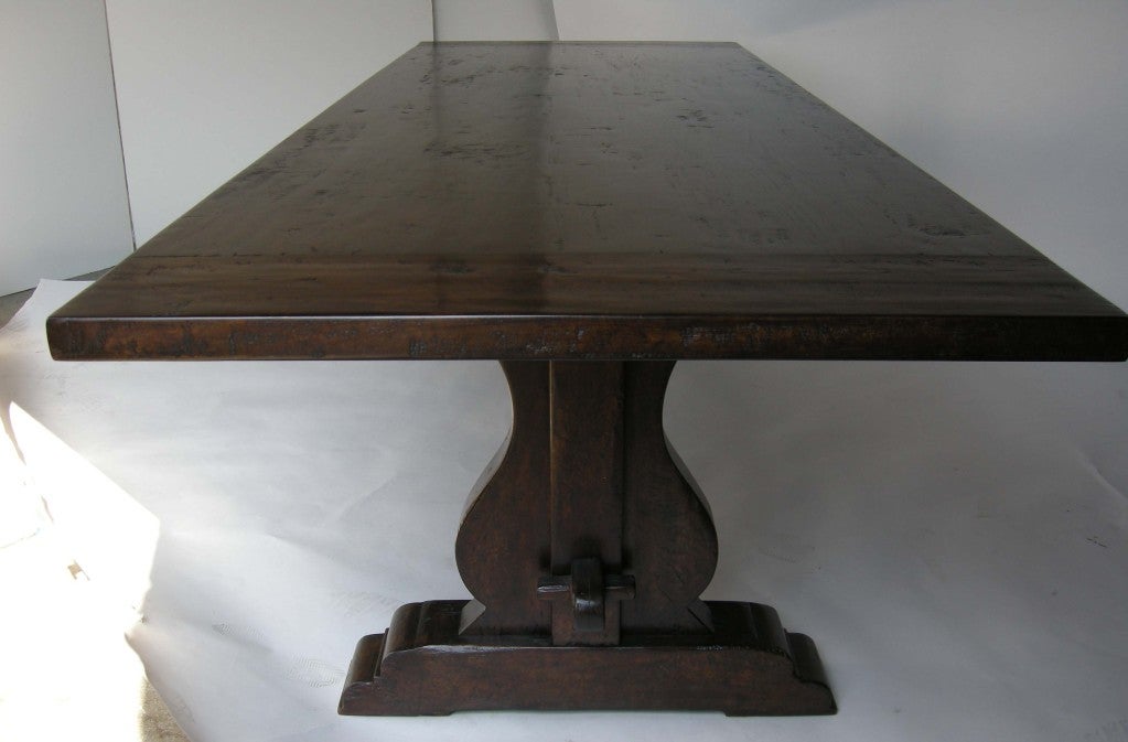 American Colonial Custom Walnut Wood Trestle Table by Dos Gallos Studio For Sale
