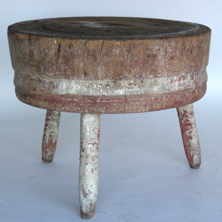 Early 20th c. butcher block with traces of old paint. Great patina throughout!