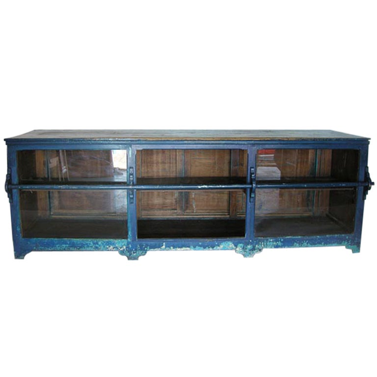 Antique Painted Blue Shop Counter With Glass Front For Merchandise Display