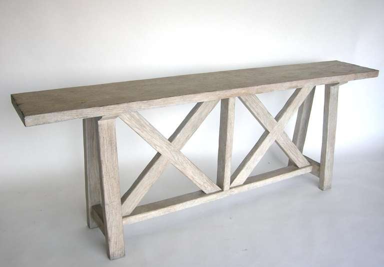 American Custom Oakwood Double X Console Table in Drift Wood Finish by Dos Gallos Studio For Sale