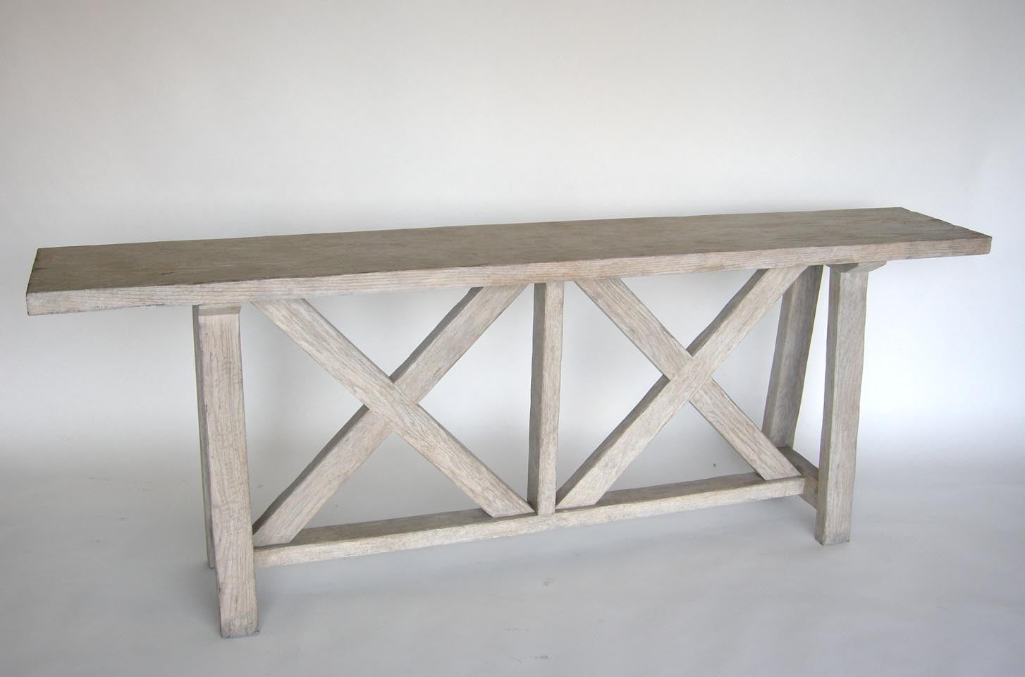 Custom Oakwood Double X Console Table in Drift Wood Finish by Dos Gallos Studio For Sale