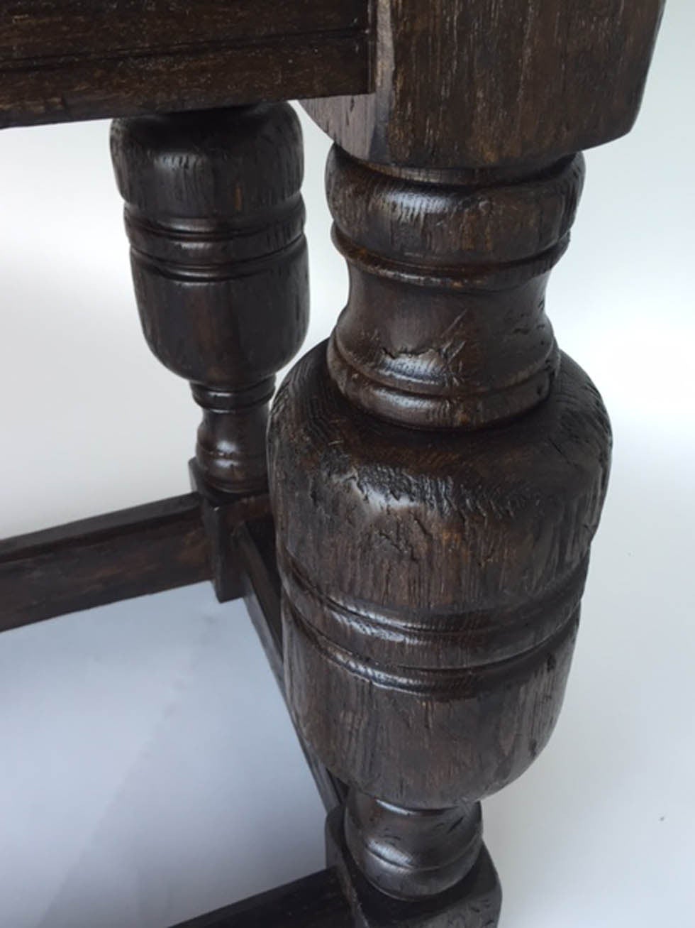 Handsome large-scale oak Baroque console. Framed tabletop and large-scale Baroque legs with four low stretchers add to the strong look. 
Can be made in any size and finish. Made in Los Angeles by Dos Gallos Studio.CUSTOM PRICES ARE SUBJECT TO